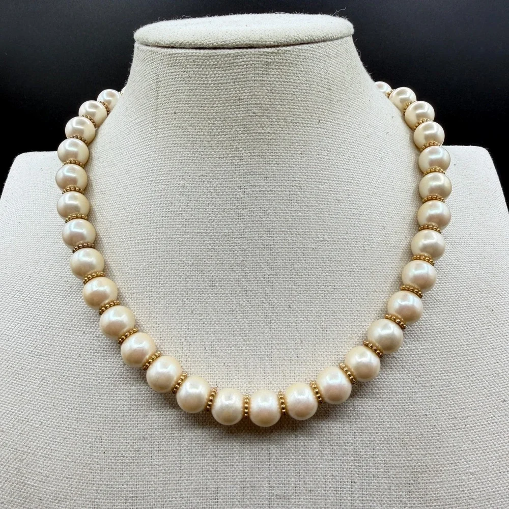 Cream Faux Pearl Beaded Necklace Gold Tone Spacer Classic Elegant Statement